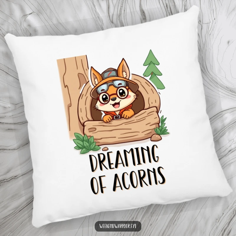 Funny pillow showcasing a delighted squirrel explorer, peeking comically from a log, offering comfort and a humorous touch to any room.