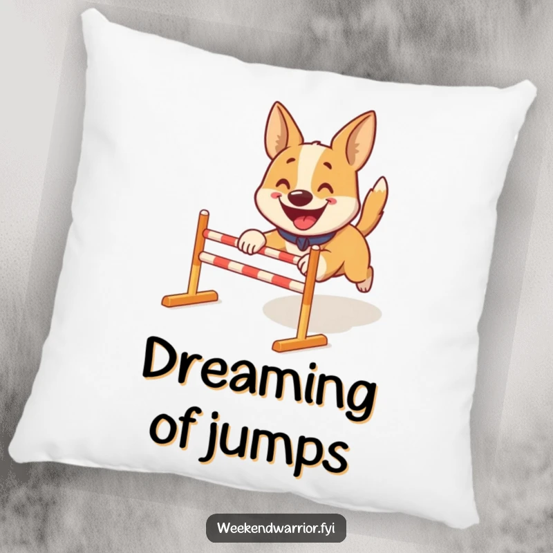 Funny pillow: A happy dog energetically leaping through a miniature obstacle course, celebrating agility.