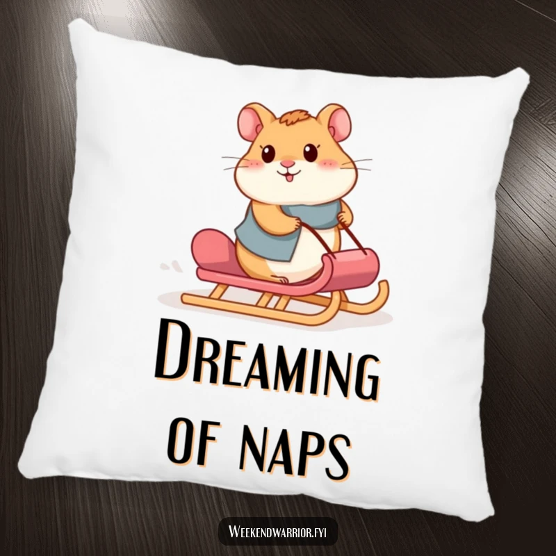 Funny hamster pillow featuring a proud hamster pushing a loaded sled up a gentle slope, symbolizing dedication.