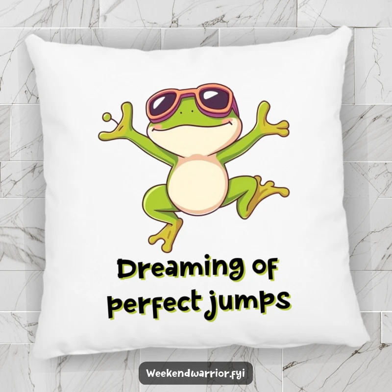 Funny pillow with a happy frog wearing goggles, celebrating a perfect jump with a wide, joyful smile.
