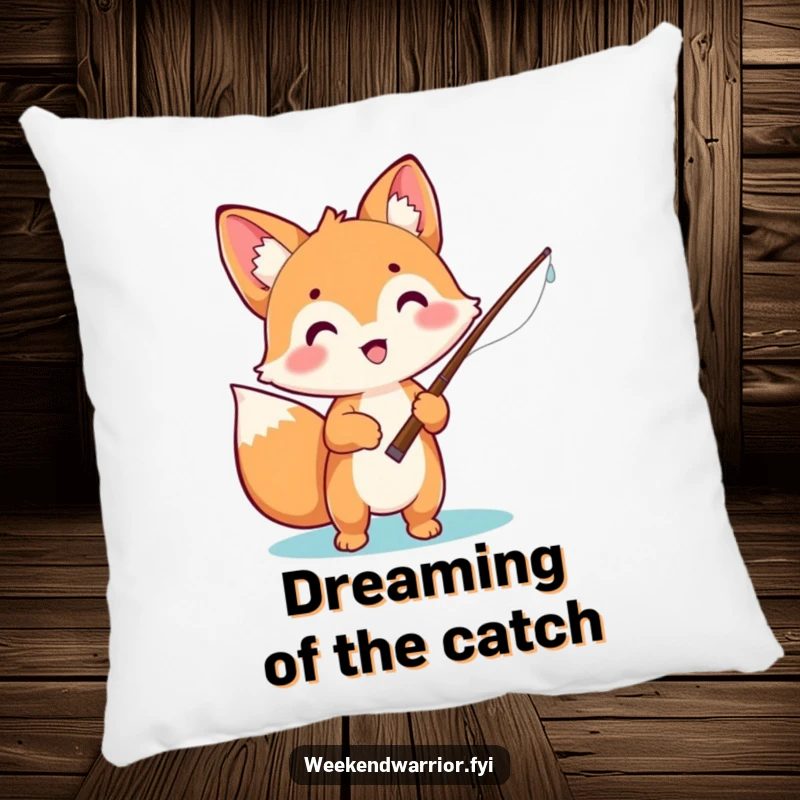 Funny pillow featuring an excited kawaii fox holding a fishing rod, ready for a fishing adventure, offering soft comfort.