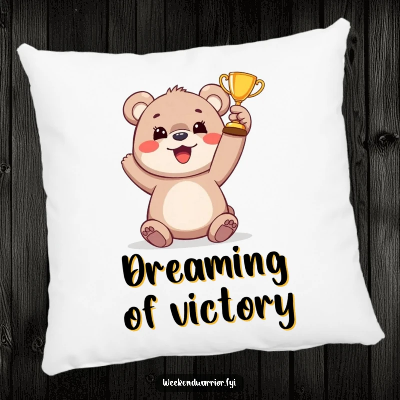 Funny bear cub trophy pillow featuring a happy cub lifting a small trophy, offering comfort and a smile with its design.