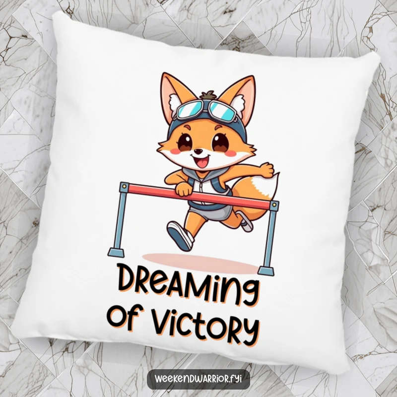 Funny pillow featuring a smiling fox in athletic gear leaping over a hurdle, providing comfort and sporty flair.