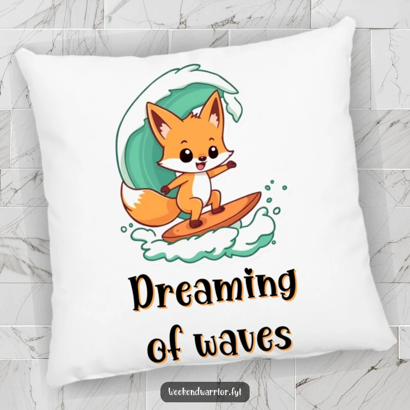 Funny pillow featuring a playful fox character confidently surfing a stylized green wave, perfect for cozy, humorous decor.