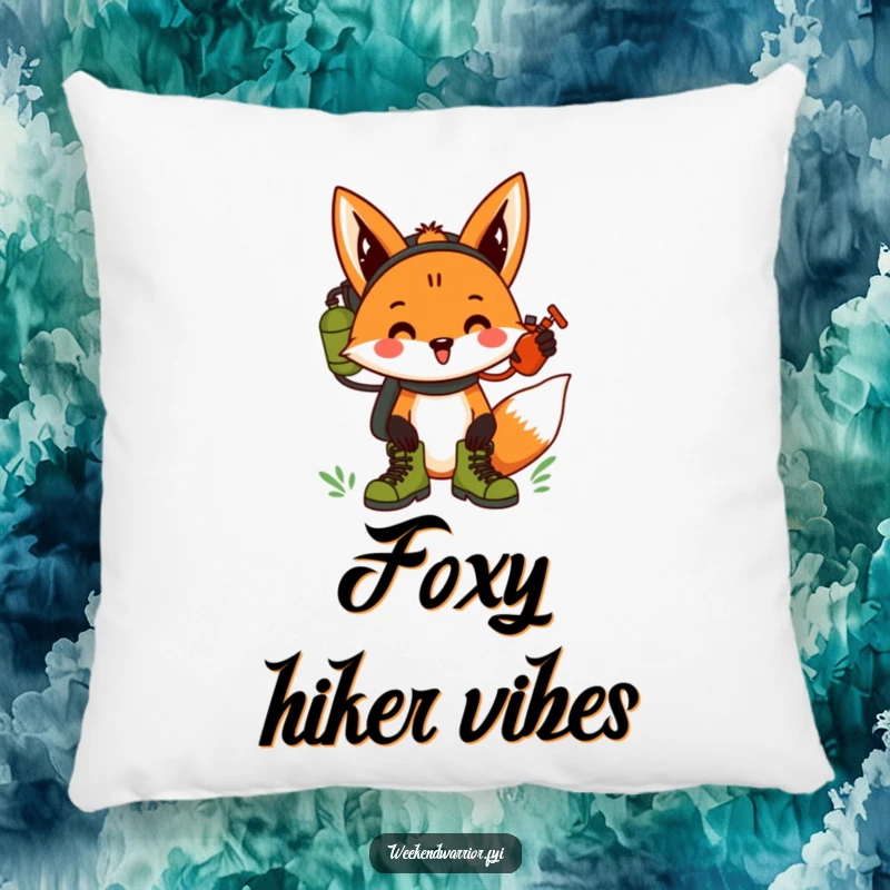 Funny fox wearing hiking boots and carrying a canteen, cheering, a humorous pillow.