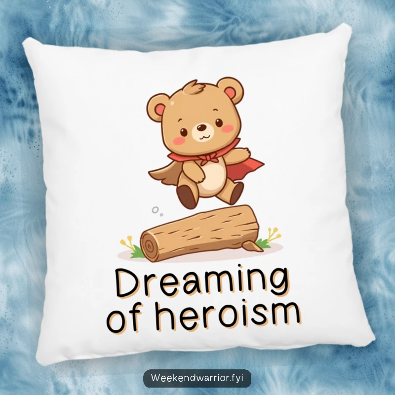 Funny pillow featuring a cute bear cub wearing a cape, mid-leap over a tiny log, offering soft comfort and heroic charm.