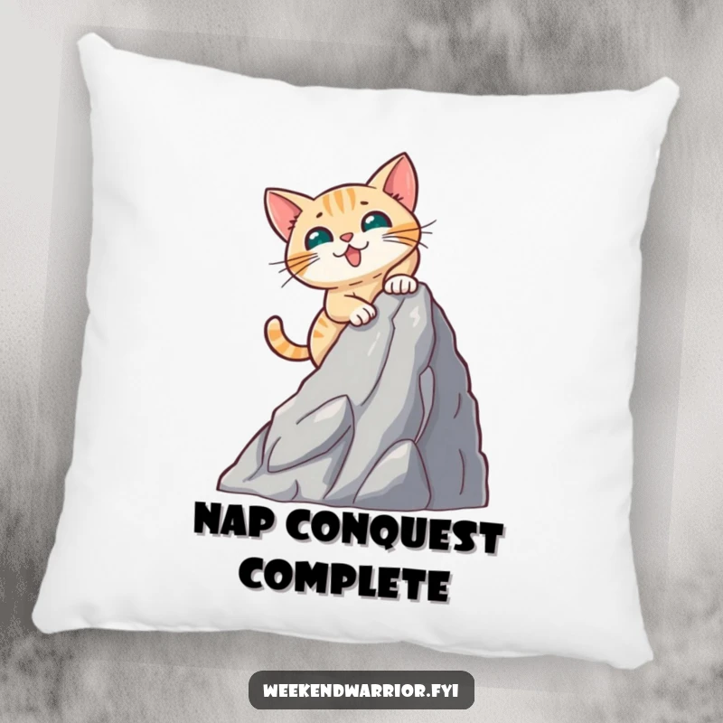 Funny pillow design of a brave cat energetically climbing an artificial mountain face, bringing comfort and inspiration.