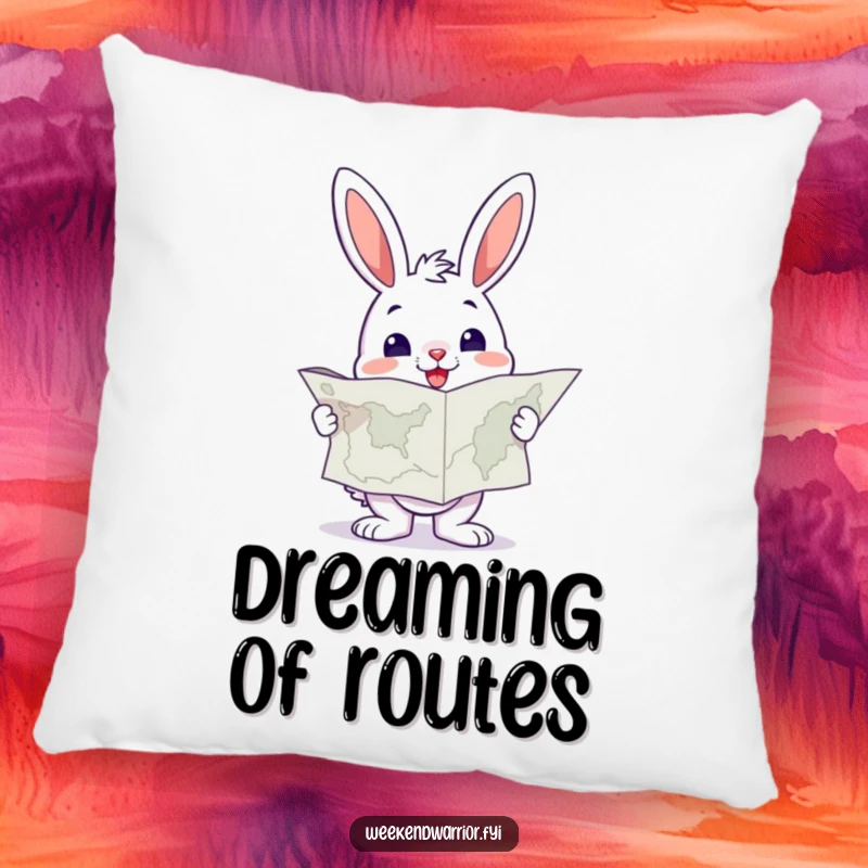 Funny Bunny Pillow holding a large map, looking resolute, perfect for adding comfort and travel vibes.