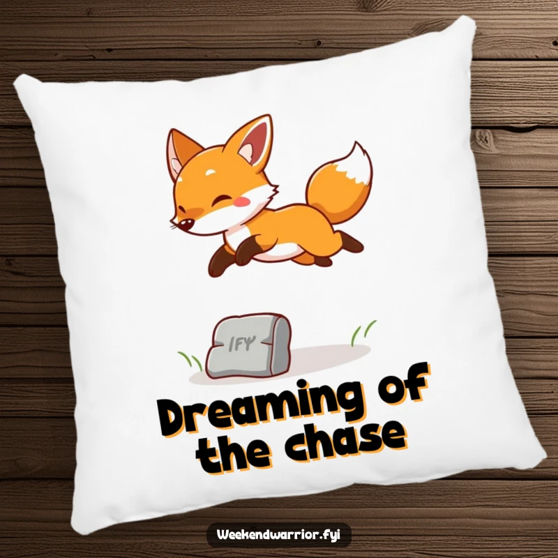 Funny pillow featuring a cheerful fox leaping playfully, its design promising comfort and a touch of energetic fun.
