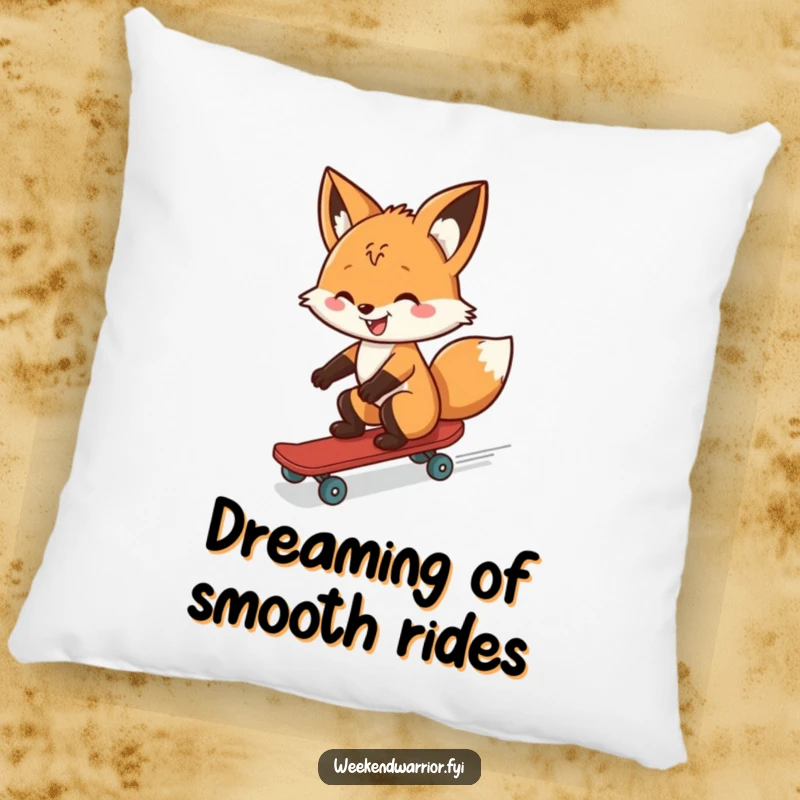Funny pillow featuring a fox skateboarding downhill with a grin, offering plush comfort and a humorous, adventurous design.