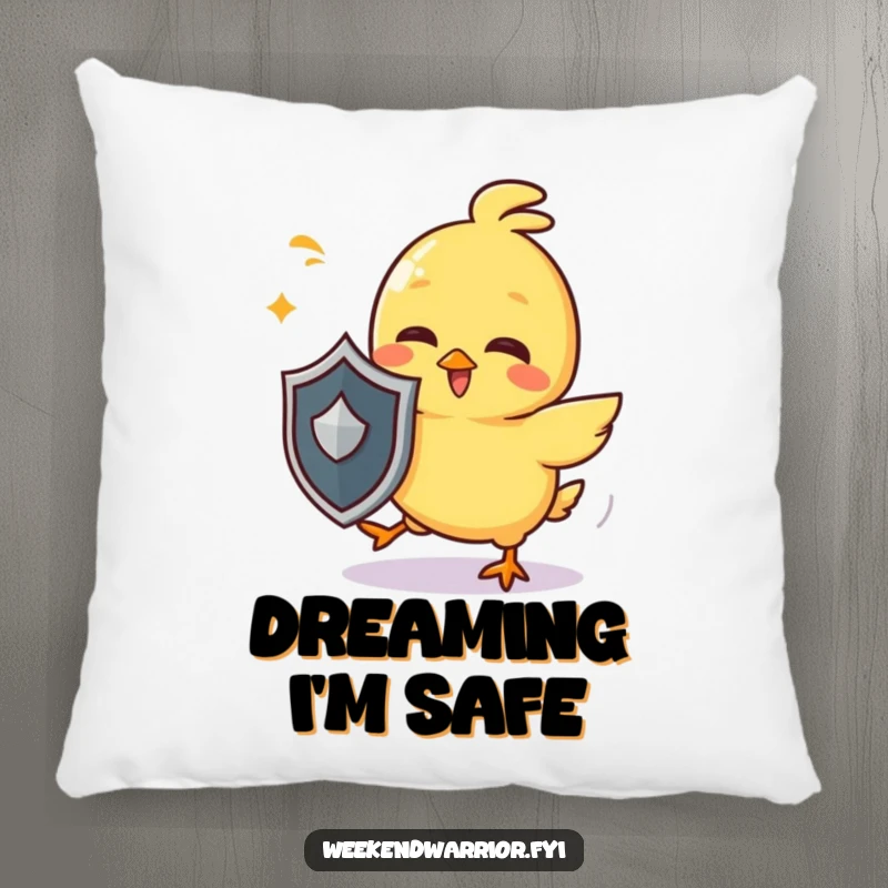 Funny chick pillow with a giggling yellow character holding a tiny shield and dodging imaginary attacks, soft and humorous.