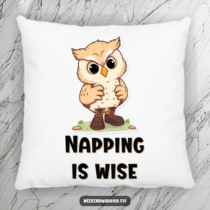 Funny pillow featuring a curious owl character adjusting hiking boots, ideal for adding comfort and inspiring wanderlust.