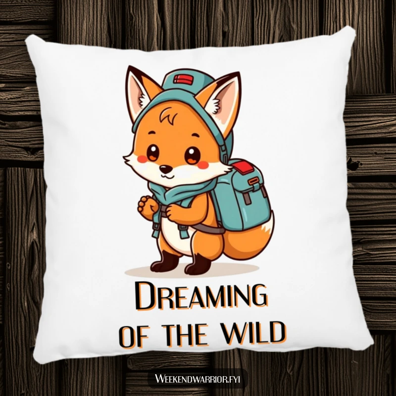 Playful fox carrying a backpack packed with camping gear, looking cozy and humorous on a soft pillow.