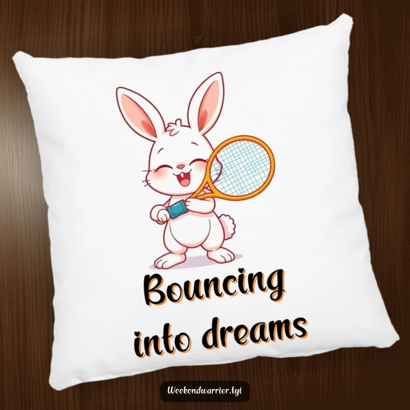 Funny pillow featuring a bunny ready to play tennis, offering soft comfort and a humorous, sporty design for any room.