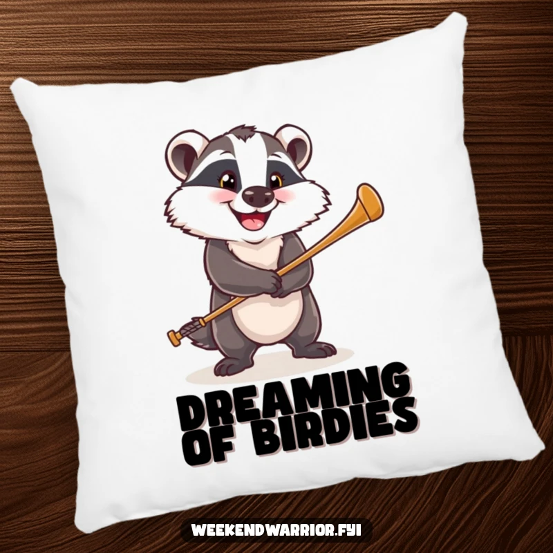 Funny pillow featuring a happy badger with a determined grin, swinging a golf club, perfect for a sporty nook.