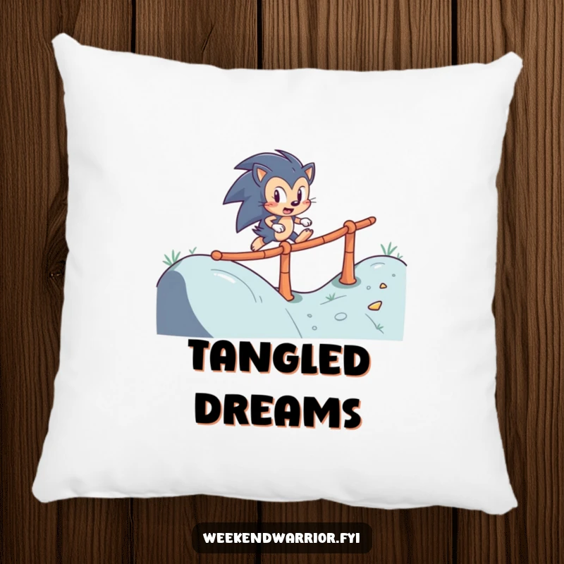 Funny pillow with a determined hedgehog character skillfully navigating a winding obstacle course, providing comfort and a symbol of resilience.