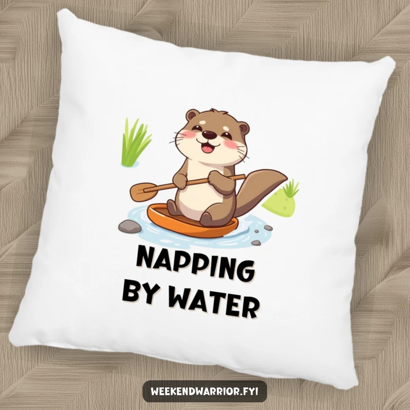 Funny pillow featuring a joyful otter with a paddle enthusiastically navigating a tiny stream, adding cozy and adventurous decor.