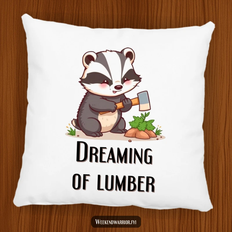 Funny kawaii badger enthusiastically hacking a small bush with a tiny axe, embroidered on a soft and cozy pillow. Adds humor to any room.