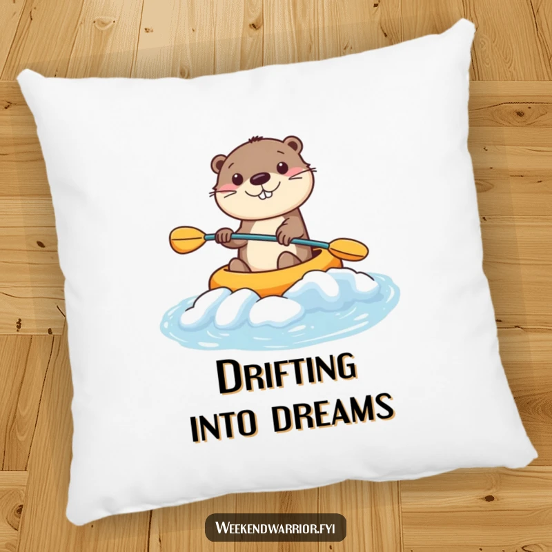 Funny Kawaii Otter Pillow with a smiling character kayaking rapids, offering soft, humorous comfort. Ideal funny gift.
