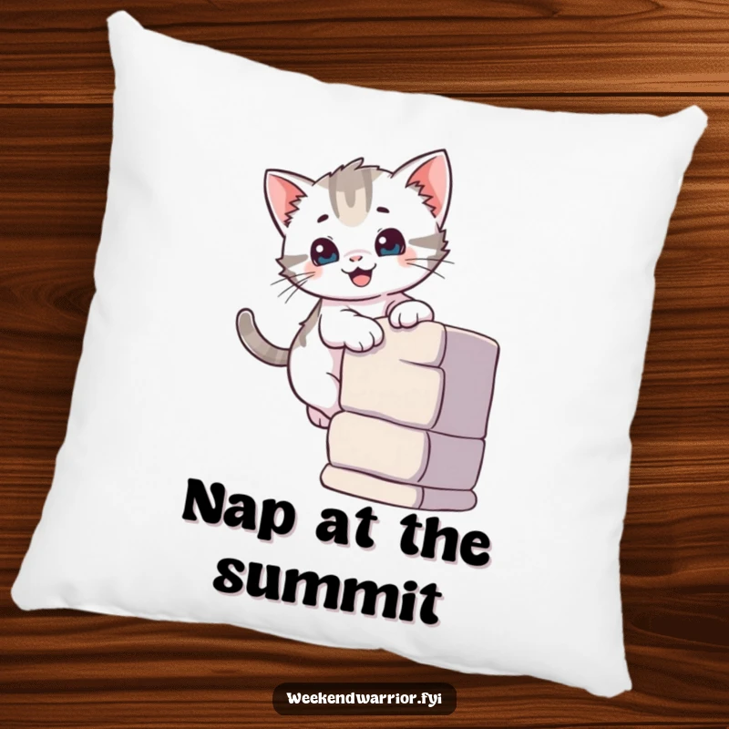 Funny pillow showcasing a curious kitten smiling while climbing a small wall, providing comfort and cute decor.
