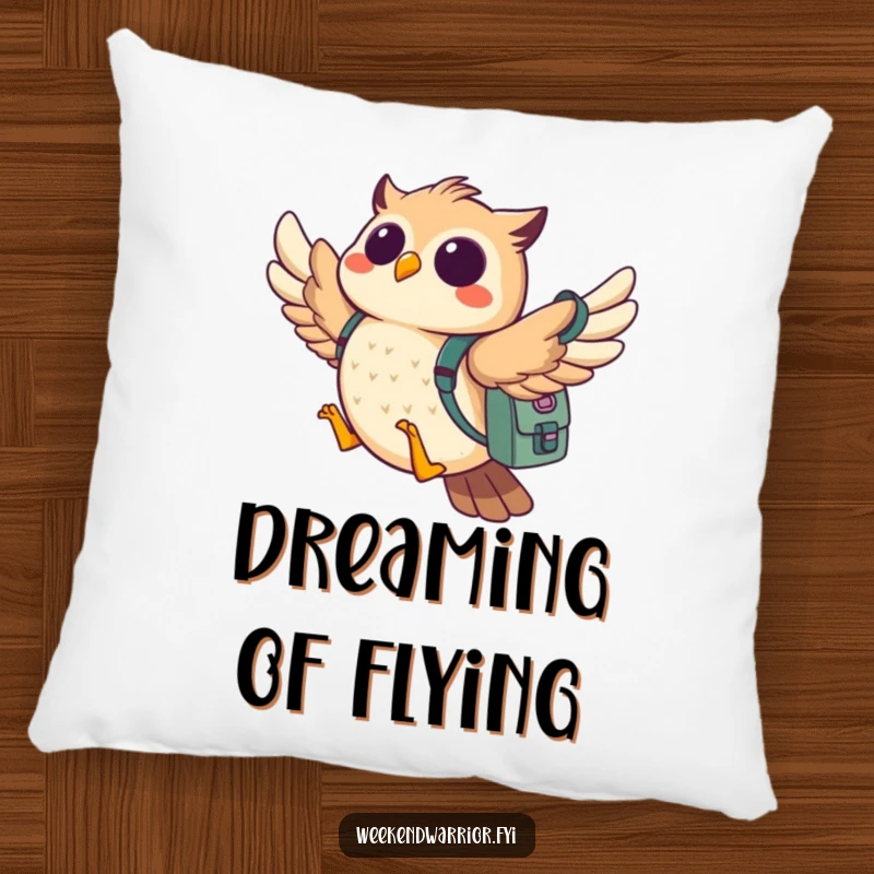 Funny owl pillow with a cheerful owl flying with a backpack, ready for adventure, bringing cozy charm.