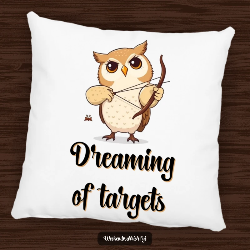 Funny pillow with a focused owl character practicing archery with a twig bow, providing comfort and a symbol of accuracy.