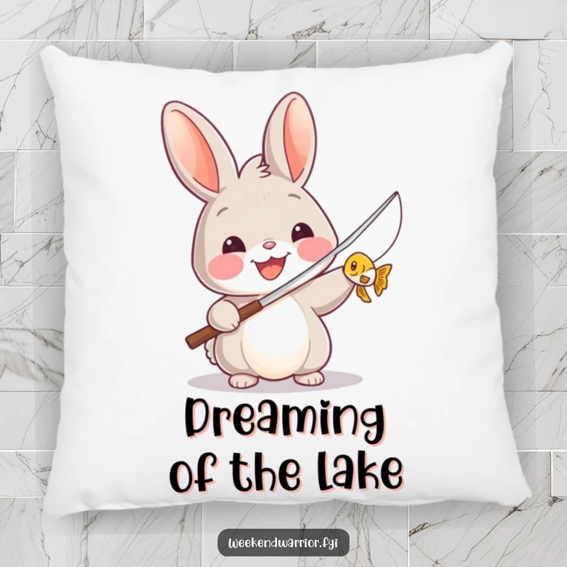 Funny pillow featuring a happy rabbit holding a fishing rod with a tiny fish, adding comfort and humor to any room.