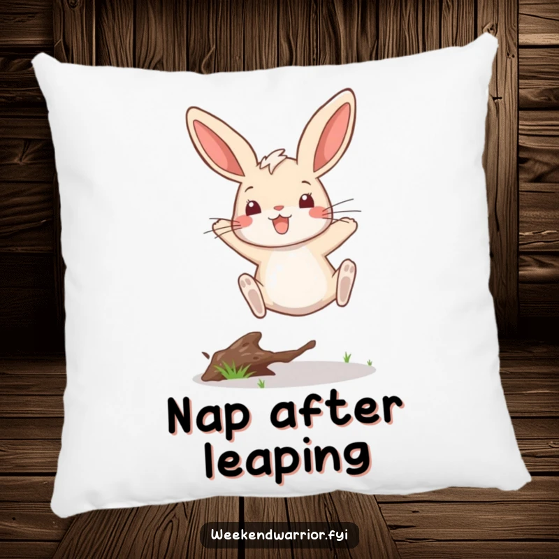 Funny pillow design of a rabbit celebrating a victorious leap, a twig effortlessly cleared, with a funny, happy expression.