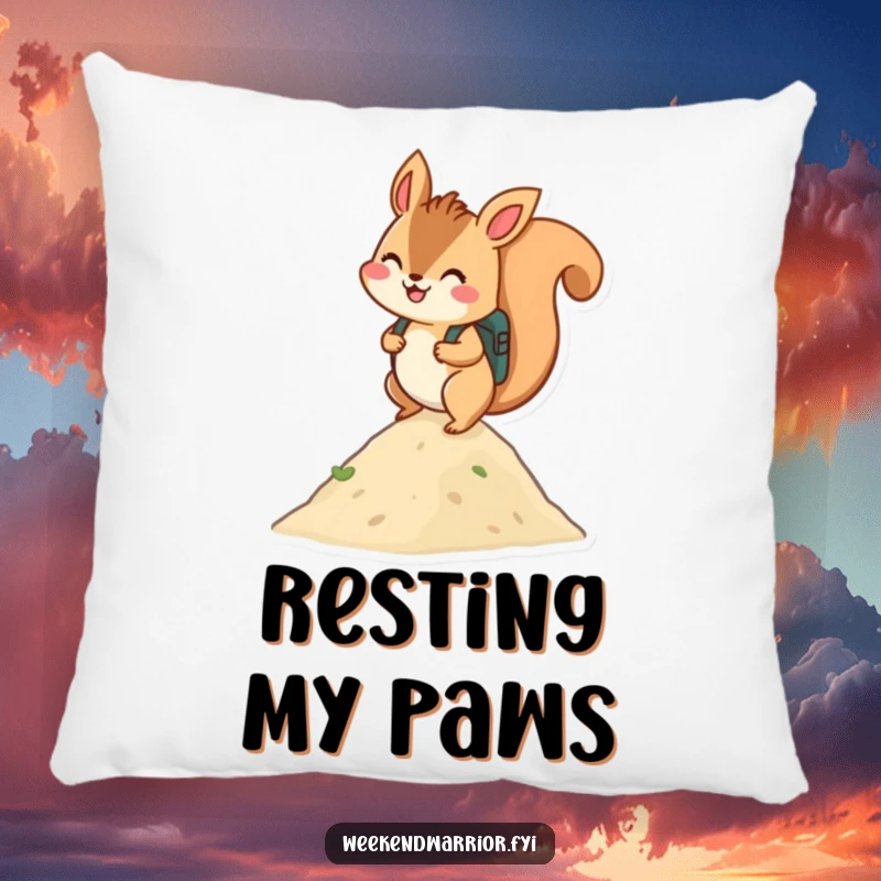 Funny pillow: A happy squirrel using a backpack to scale a small hill, adding a touch of nature.