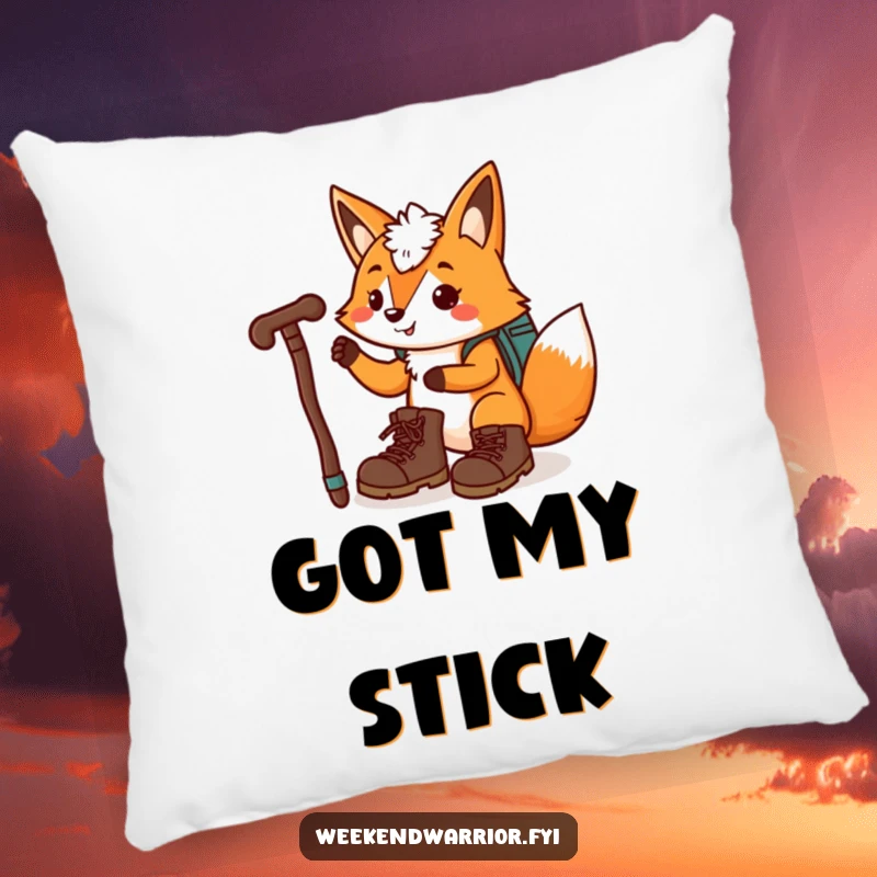 Funny, playful fox in hiking boots and with a walking stick, featured on a soft pillow.
