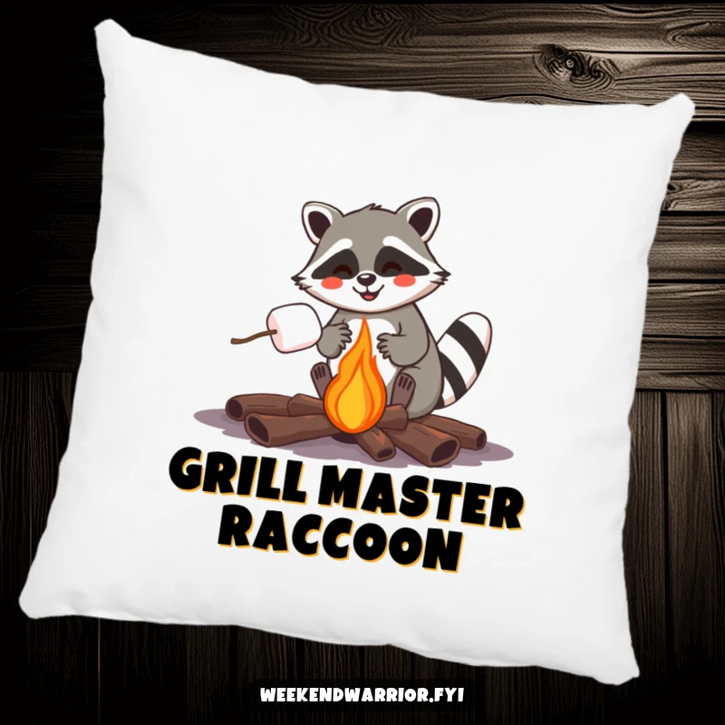 Funny raccoon roasting a marshmallow over a campfire, a humorous and comfortable pillow.