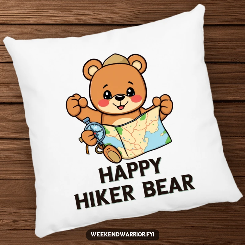 Funny, cheerful cartoon bear holding a map and compass, featured on a comforting pillow.
