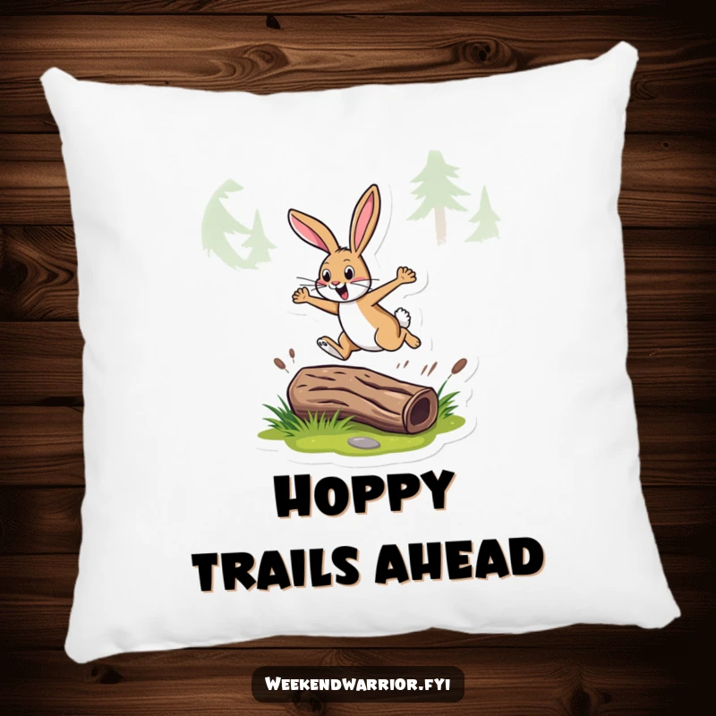 Funny pillow with an energetic rabbit leaping over a log on a trail, providing comfort and a touch of whimsical humor.