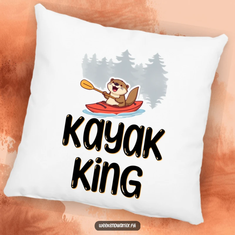 Funny otter in a kayak with a paddle, expressing excitement, a humorous pillow.