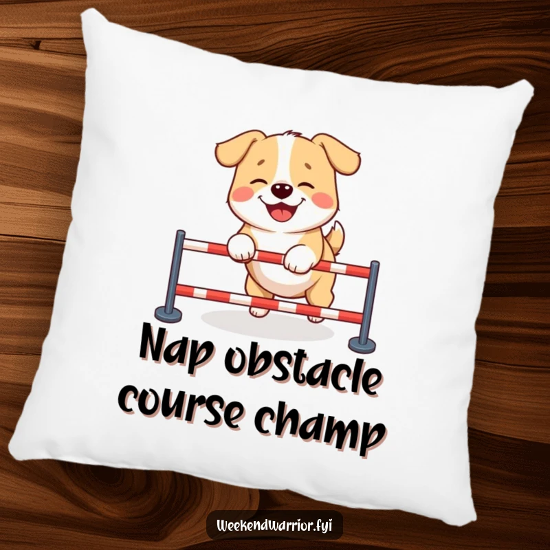 Funny dog pillow with a giggling dog in mid-leap over a tiny obstacle, radiating infectious happiness and playful spirit.