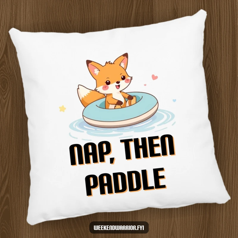 Funny fox raft puddle pillow with a cheerful fox on an inflatable raft, embodying a sense of lighthearted adventure and comfort.