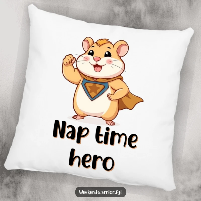 Funny pillow featuring a muscular hamster superhero flexing its bicep while wearing a cape, perfect for cozy decor.