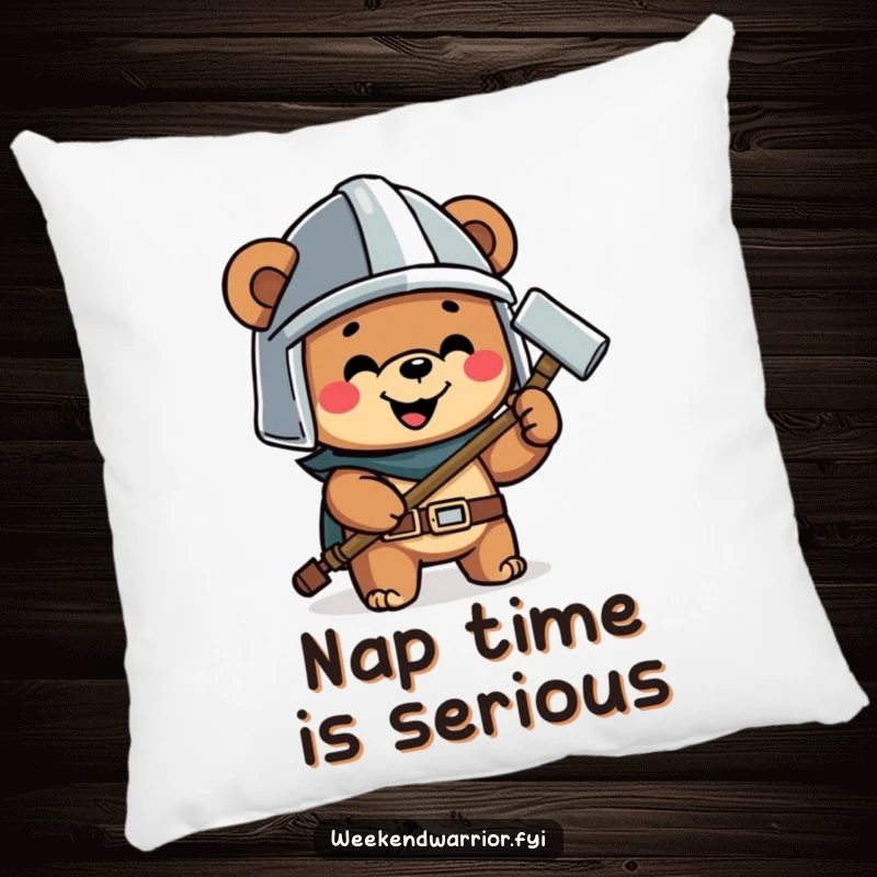 Funny pillow depicting a happy bear wearing a helmet and holding a hammer, providing comfort after building.