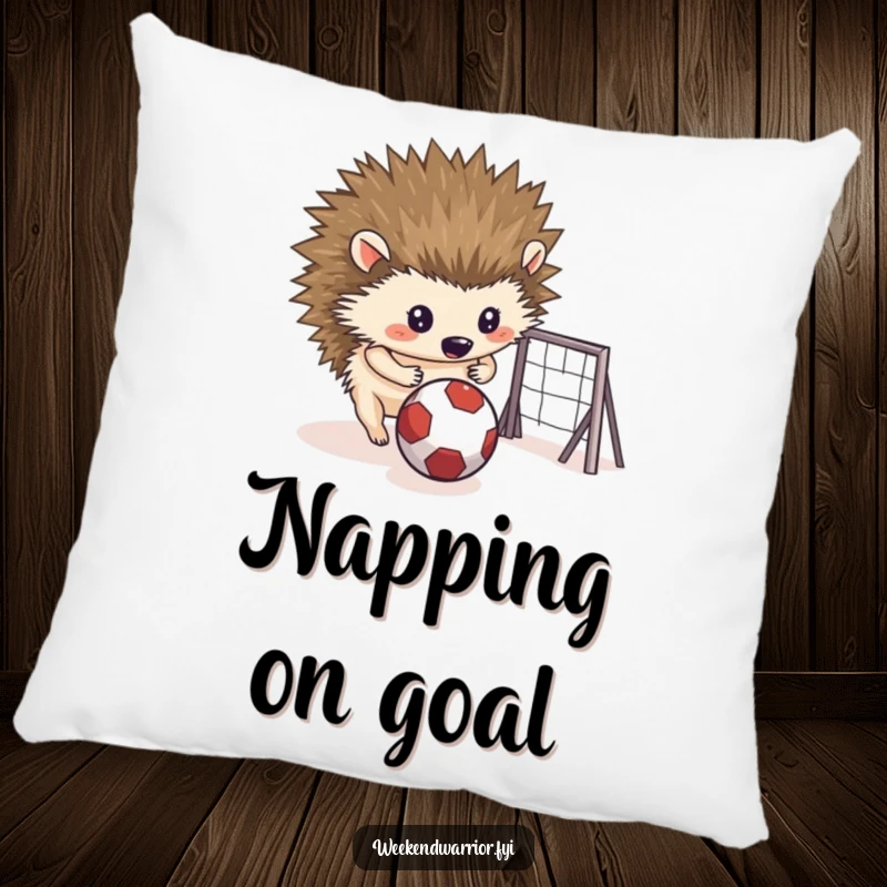 Funny pillow showcasing a determined hedgehog rolling a small ball towards a makeshift goal, providing comfort and cute decor.