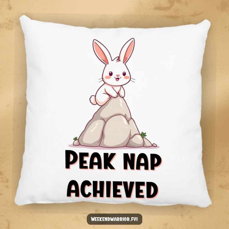 Funny satisfied rabbit successfully climbing a small rock formation on a soft, humorous pillow.