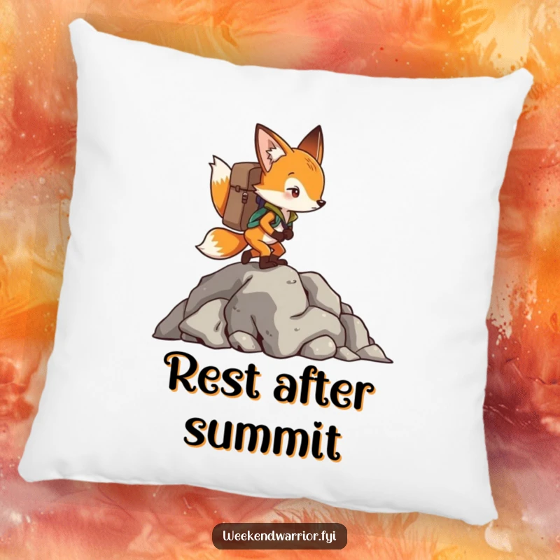 Funny Fox Pillow with a backpack, climbing a rocky outcrop, bringing comfort and adventure vibes.