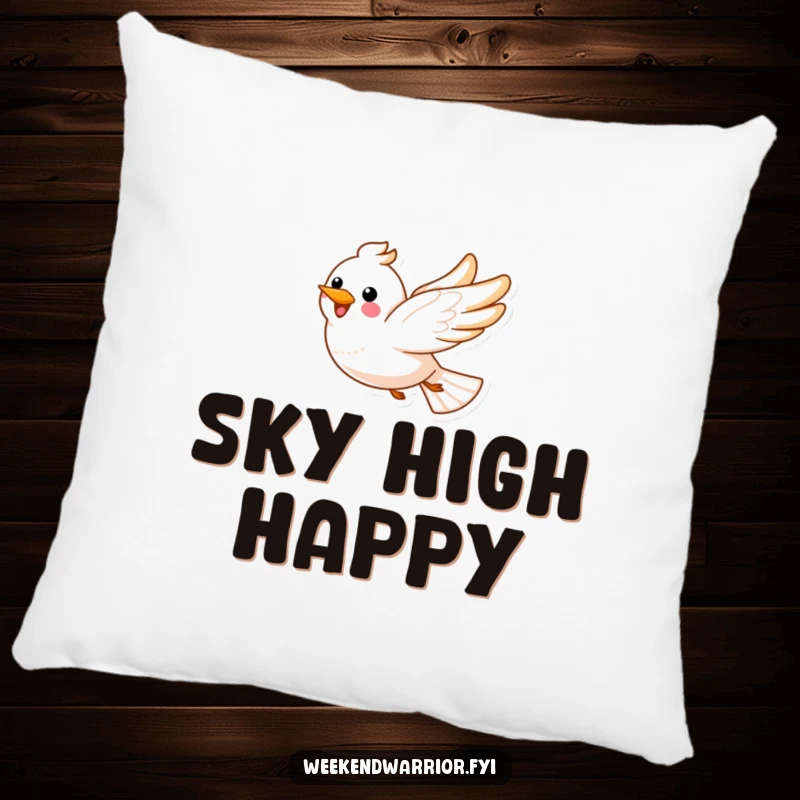 Funny, happy bird soaring through fluffy clouds, featured on a soft pillow.