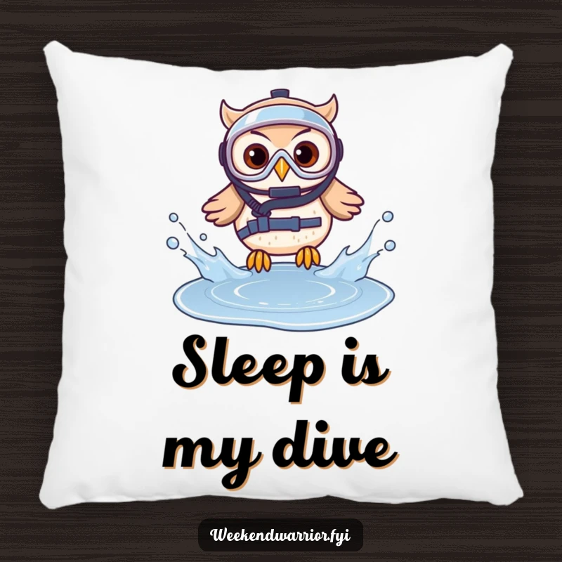 Funny pillow featuring an owl in diving gear splashing into a puddle, adding cozy and humorous decor.