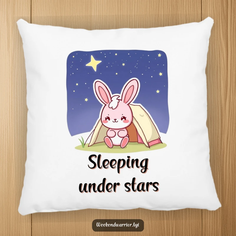 Funny bunny pillow with a cheerful pink character smiling while setting up a tent under a starry night sky, soft and humorous.