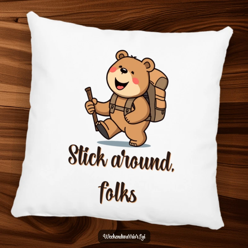 Funny bear carrying a backpack and stick, trekking uphill with a smile, a humorous decorative pillow.