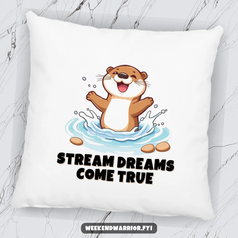 Funny pillow featuring a delighted cartoon otter joyfully splashing in a stream, bringing cozy, aquatic humor.
