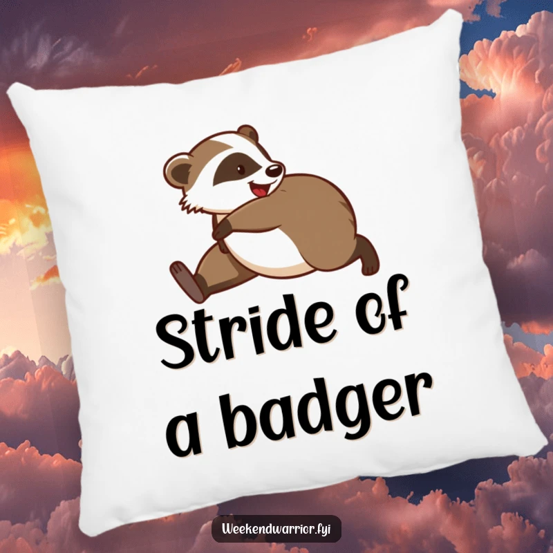 Funny pillow with a playful badger stretching, embodying pre-jogging warmth and a comical, relaxed vibe.