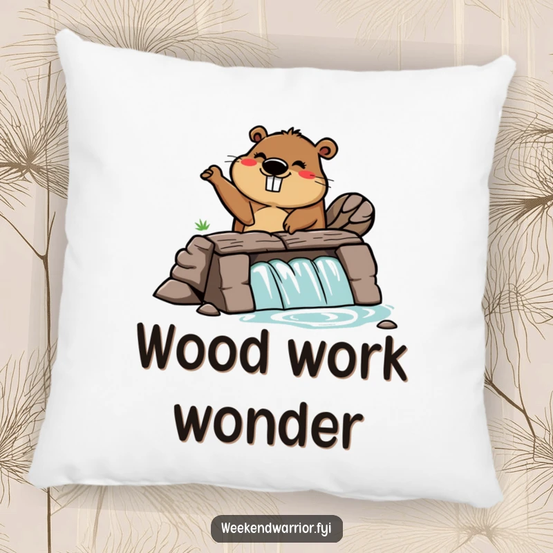 Funny pillow featuring a cute cartoon beaver building a dam with enthusiasm, bringing cozy, industrious humor.
