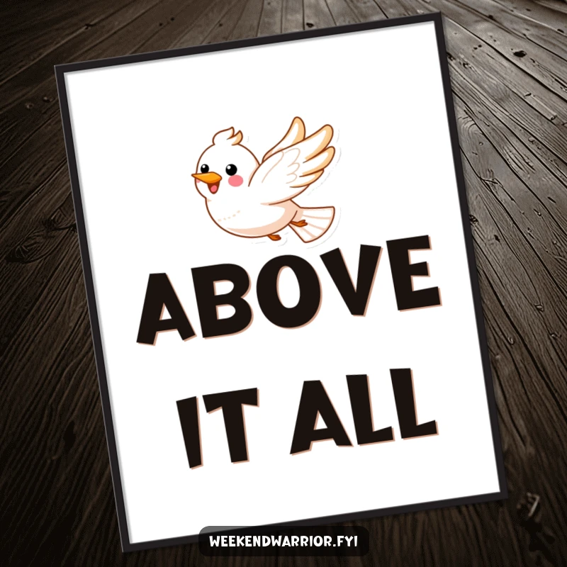 Funny, happy bird soaring through fluffy clouds as digital art for decor.