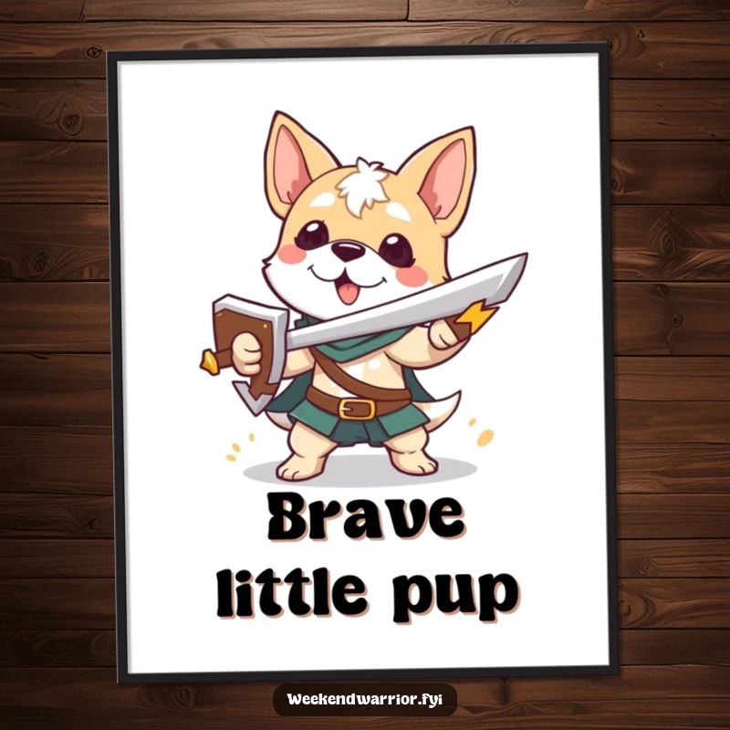 Funny digital art print of a playful dog character with a sword and shield, ideal for heroic decor.
